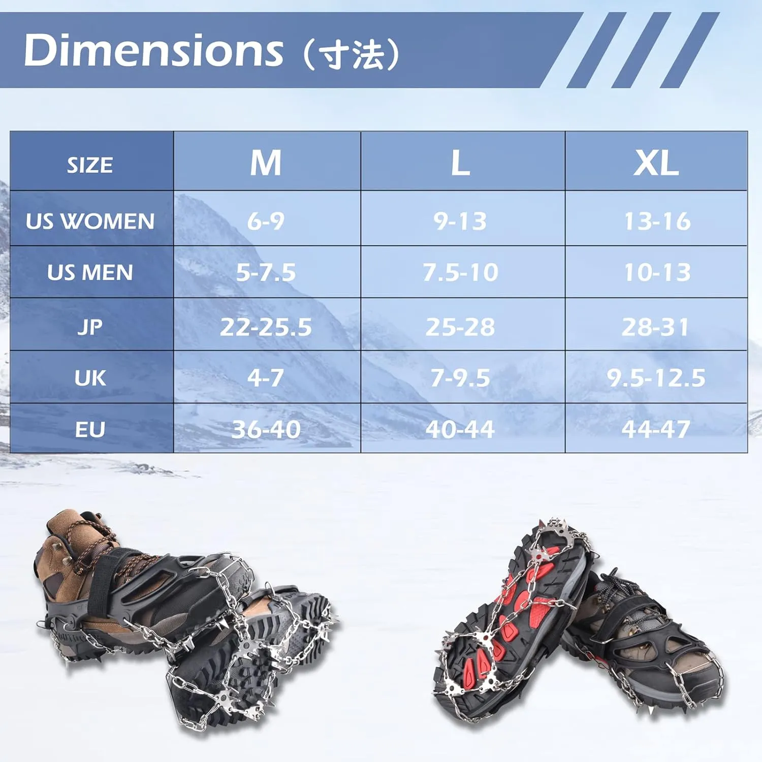 TRIWONDER Ice Grips 10/18/24 Teeth Anti-Slip Shoe Boot Snow Ice Spikes Crampons Cleats Stretch Footwear Traction