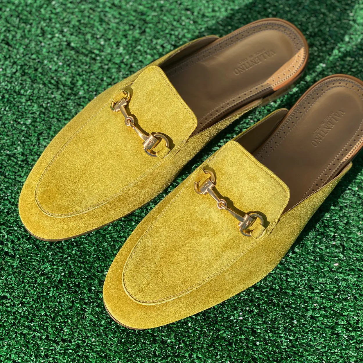 Valentino 19700 Men's Shoes Golden Lime Suede Leather Slipper Mules (VAL1003)