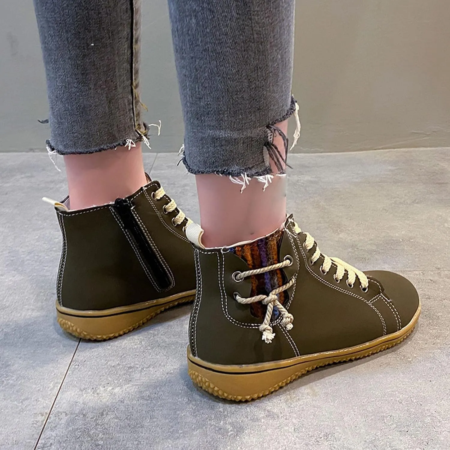 Vintage High Top Sneakers for Women Flat Heeled Ankle Boots Side Zipper Outdoor Lace-up Hiking Cross Country Shoes