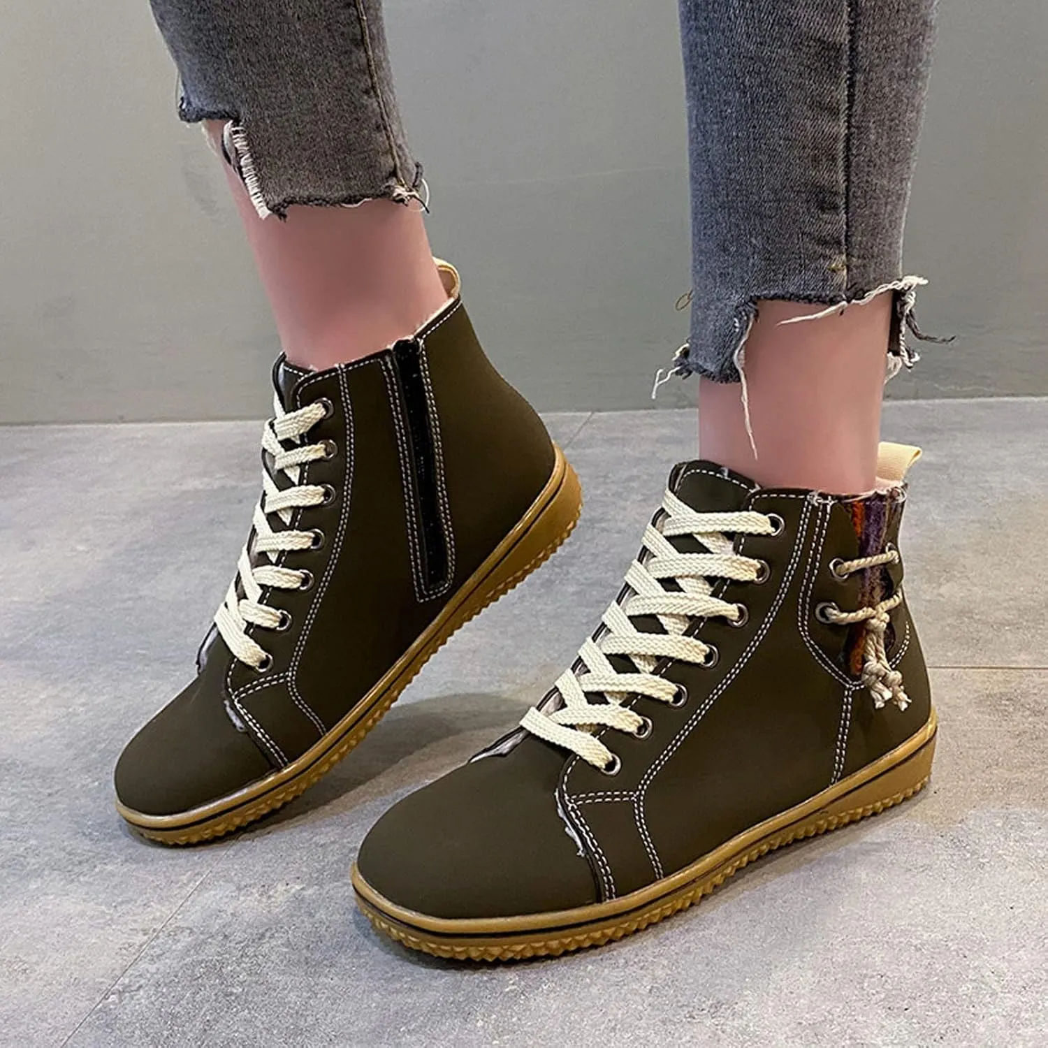 Vintage High Top Sneakers for Women Flat Heeled Ankle Boots Side Zipper Outdoor Lace-up Hiking Cross Country Shoes