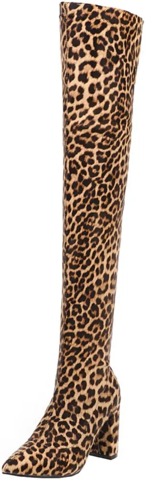 wodceeke Women's Thigh High Suede Boots Over the Knee Stretch Boots Pointed Toe Chunky Heel Winter Knit Sexy Long Boots