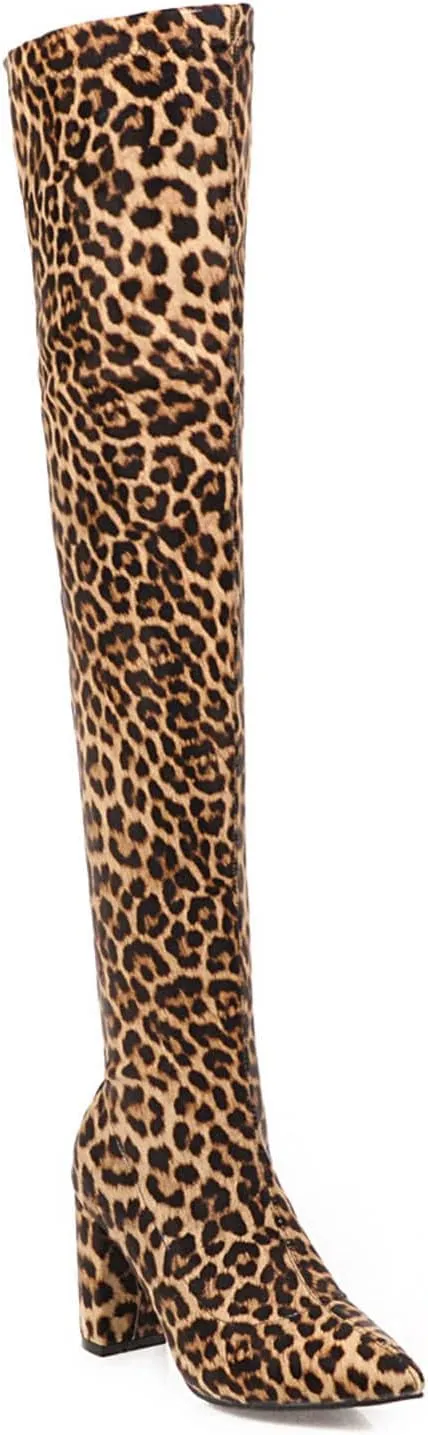 wodceeke Women's Thigh High Suede Boots Over the Knee Stretch Boots Pointed Toe Chunky Heel Winter Knit Sexy Long Boots