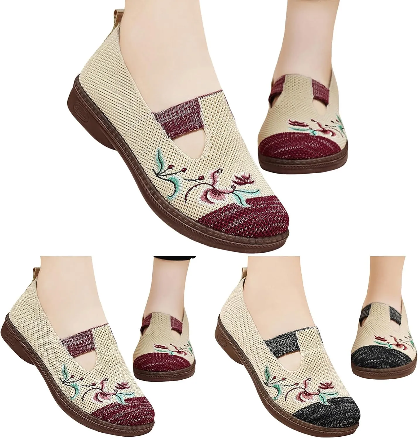 Women Cloth Loafer Shoes Mesh Flower Embroidery Slip on Casual Shoes Chunky Low Heels Breathable Lightweight Flat Shoes