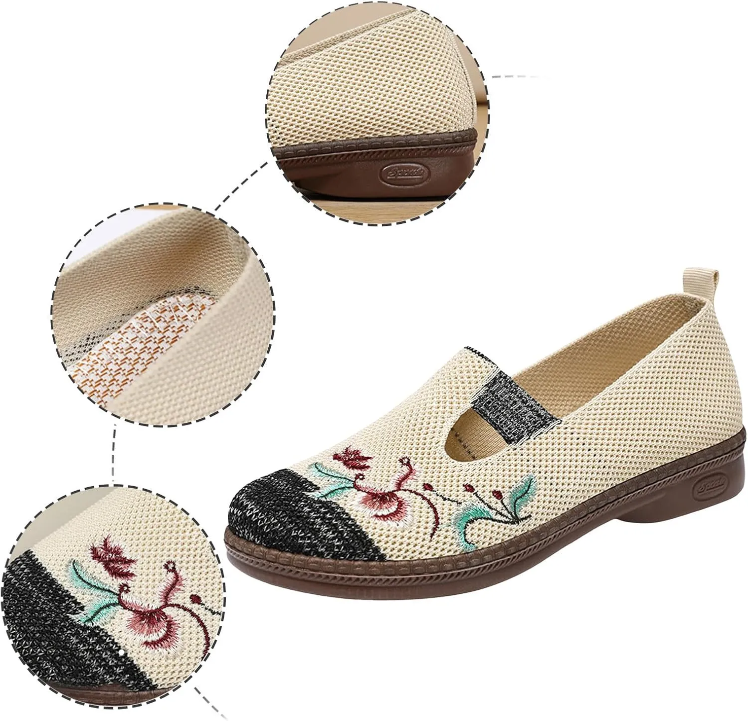 Women Cloth Loafer Shoes Mesh Flower Embroidery Slip on Casual Shoes Chunky Low Heels Breathable Lightweight Flat Shoes
