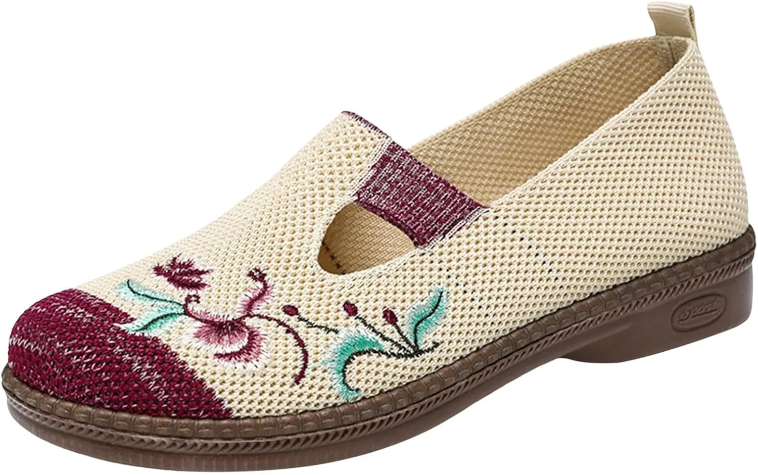 Women Cloth Loafer Shoes Mesh Flower Embroidery Slip on Casual Shoes Chunky Low Heels Breathable Lightweight Flat Shoes