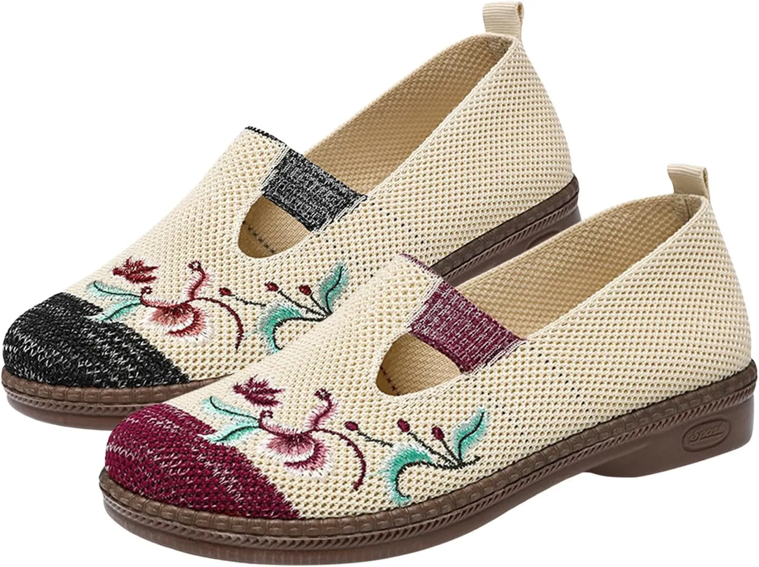 Women Cloth Loafer Shoes Mesh Flower Embroidery Slip on Casual Shoes Chunky Low Heels Breathable Lightweight Flat Shoes
