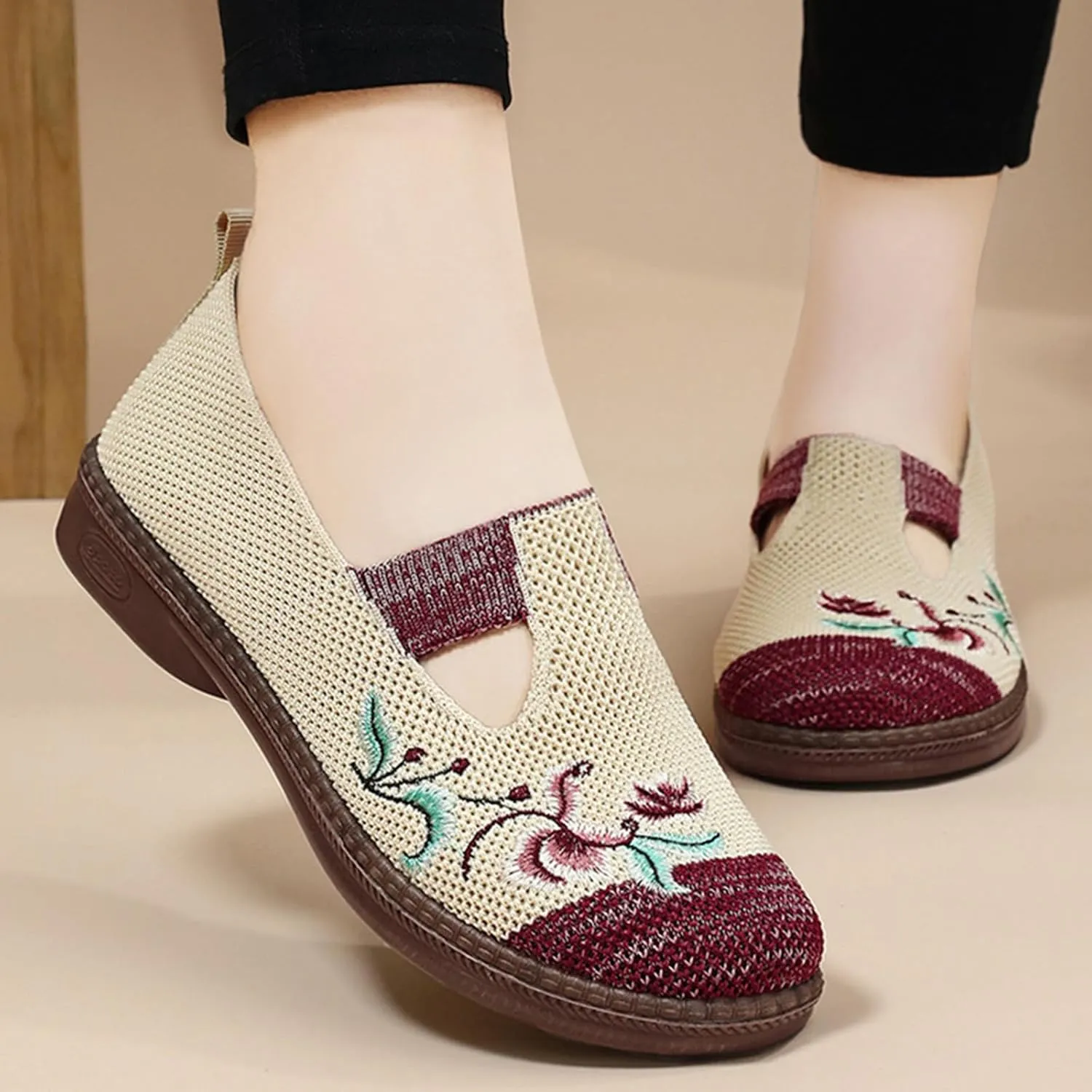 Women Cloth Loafer Shoes Mesh Flower Embroidery Slip on Casual Shoes Chunky Low Heels Breathable Lightweight Flat Shoes