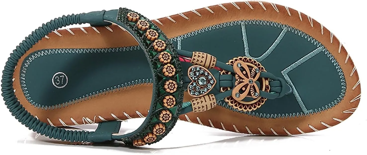 Women's Bohemian Beaded Flat Sandals Comfortable Summer Casual Dressy Ankle Strap Elastic Slip On Beach Shoes