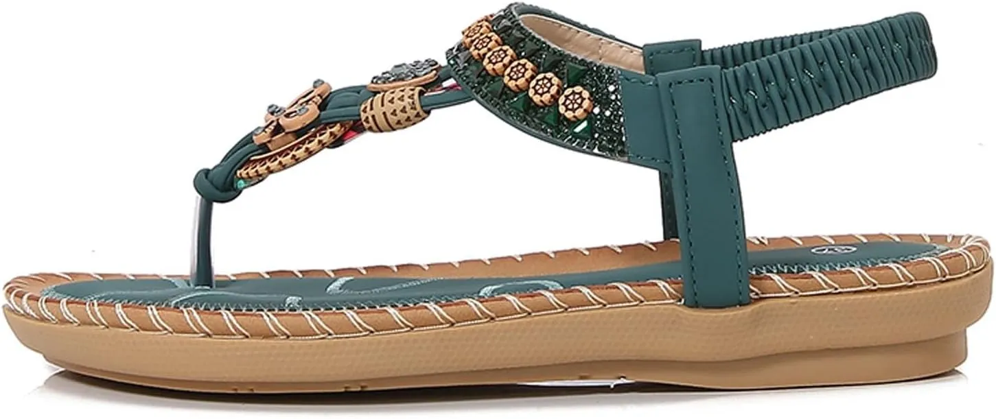 Women's Bohemian Beaded Flat Sandals Comfortable Summer Casual Dressy Ankle Strap Elastic Slip On Beach Shoes