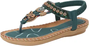 Women's Bohemian Beaded Flat Sandals Comfortable Summer Casual Dressy Ankle Strap Elastic Slip On Beach Shoes