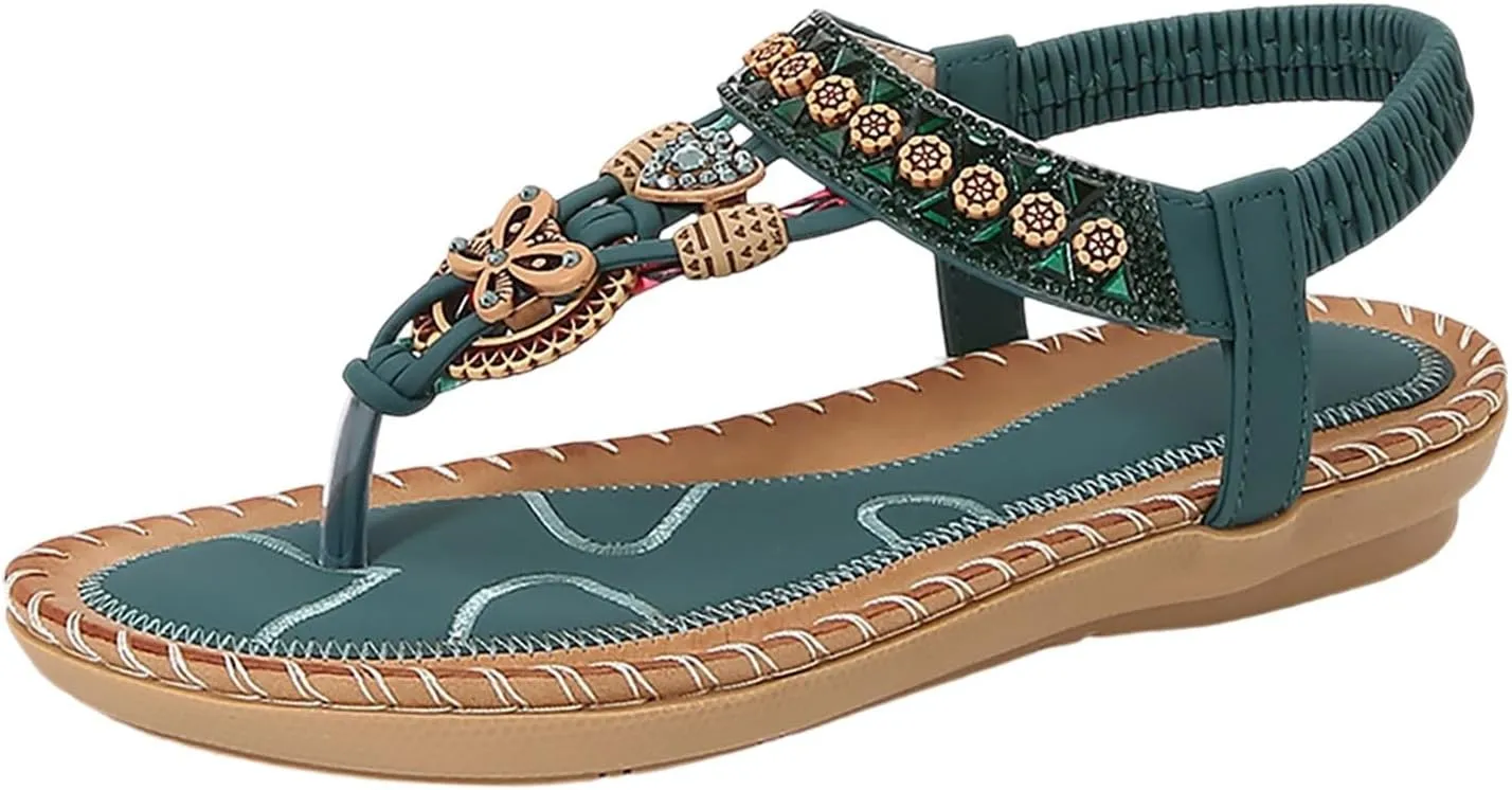 Women's Bohemian Beaded Flat Sandals Comfortable Summer Casual Dressy Ankle Strap Elastic Slip On Beach Shoes