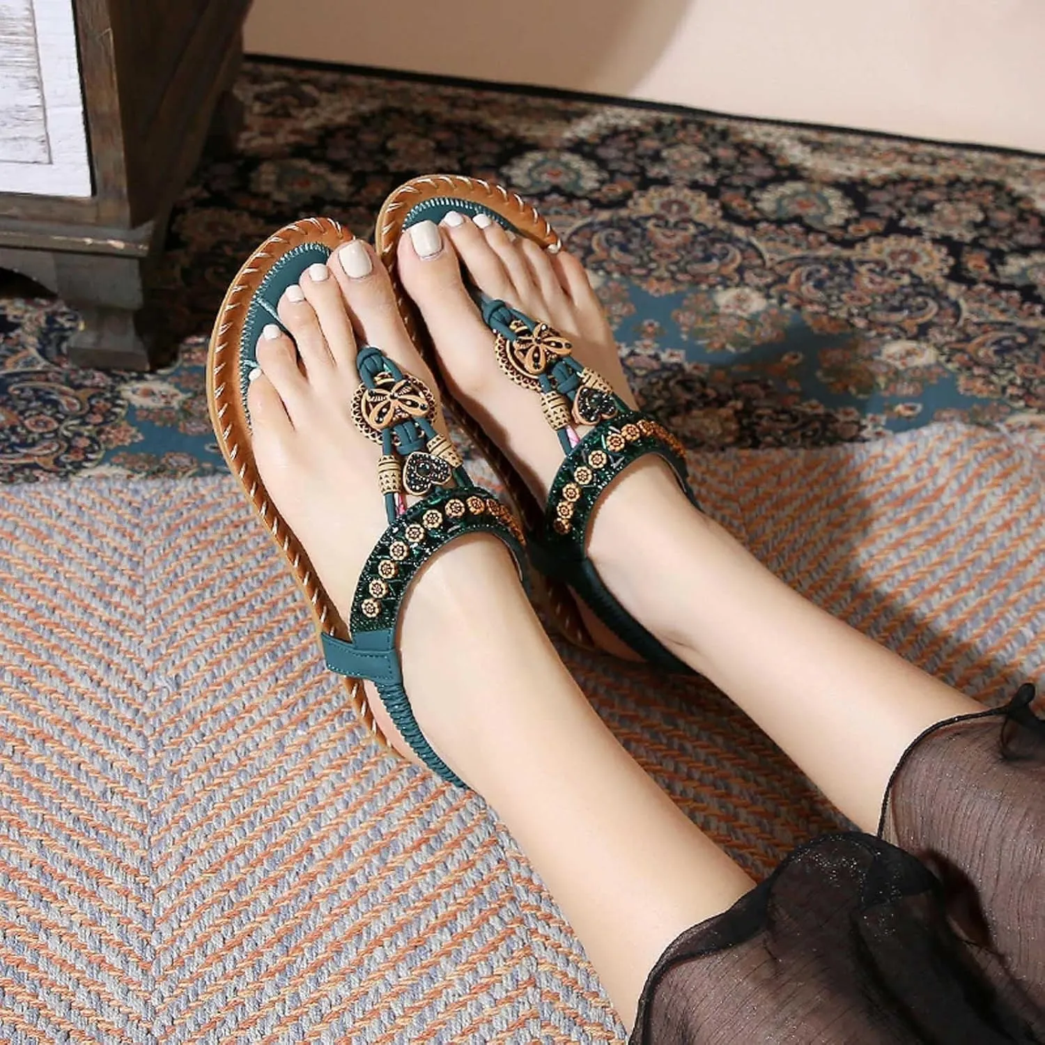 Women's Bohemian Beaded Flat Sandals Comfortable Summer Casual Dressy Ankle Strap Elastic Slip On Beach Shoes