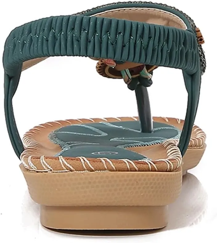 Women's Bohemian Beaded Flat Sandals Comfortable Summer Casual Dressy Ankle Strap Elastic Slip On Beach Shoes