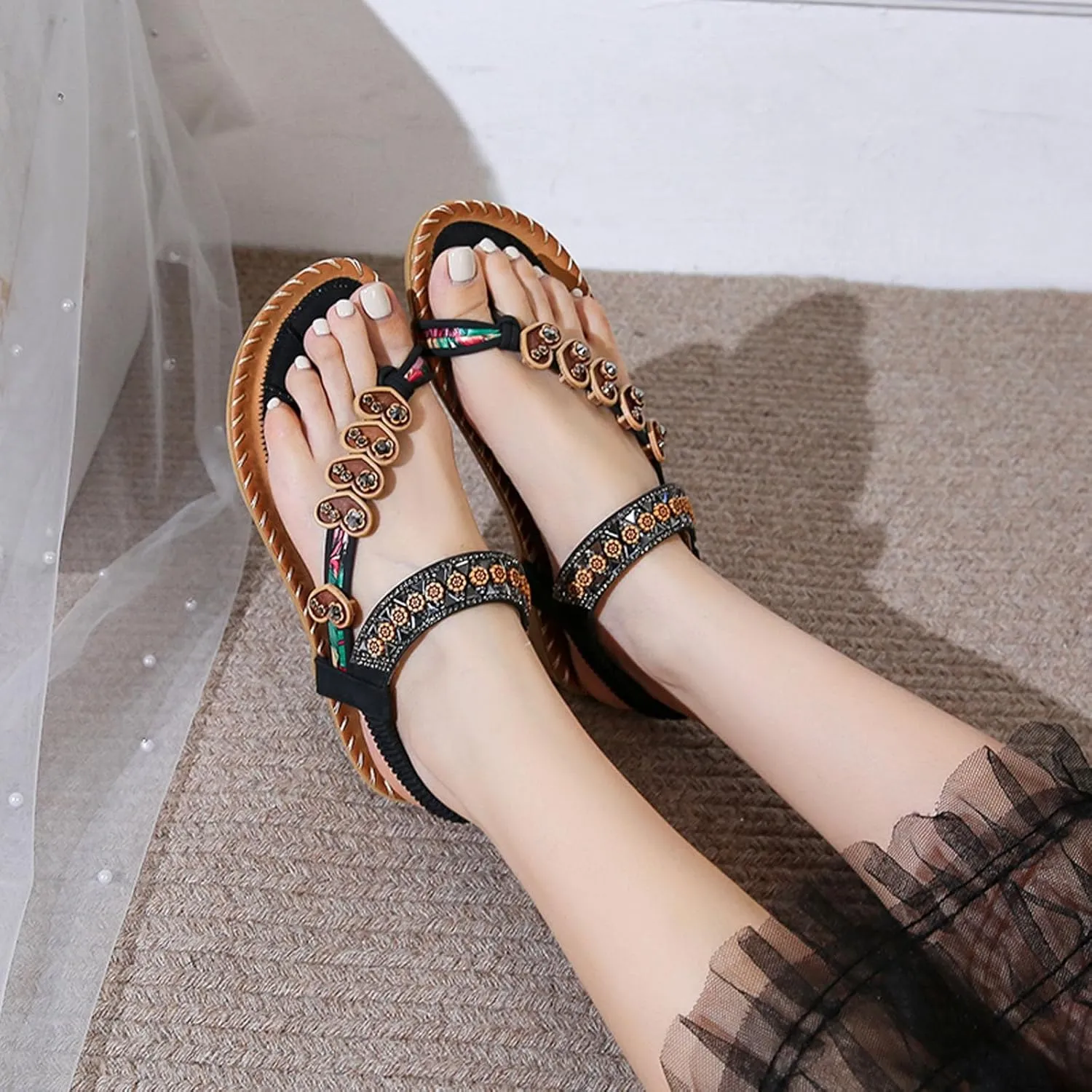 Women's Bohemian Flat Sandals Summer Beach Comfortable Flip Flops Casual Dressy Thong Shoes for Walking and