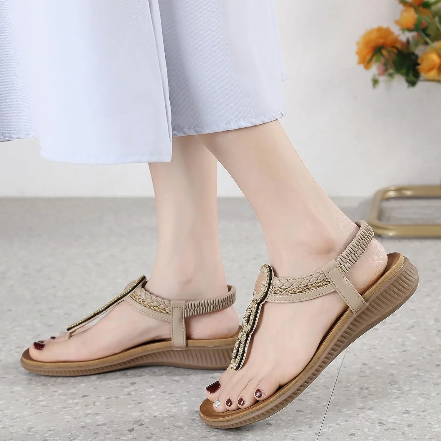 Women's Breathable Slip On Flat Sandals Comfortable Lightweight Bohemian Summer Beach Casual Thong Flip Flops