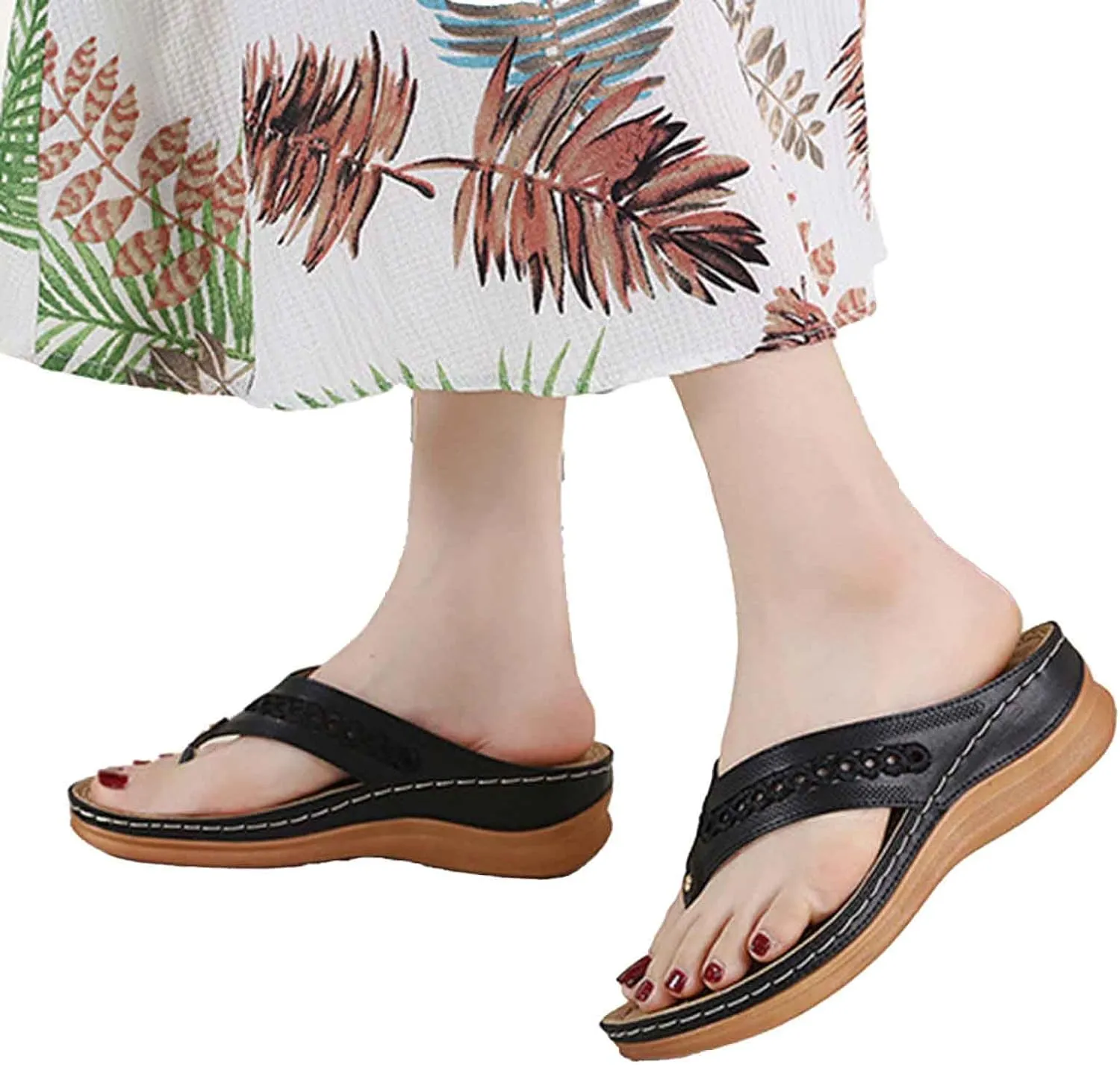 Women's Breathable Slip On Thong Sandals Comfortable Wedge Heel Flip Flops Lightweight For Daily Wear Spring