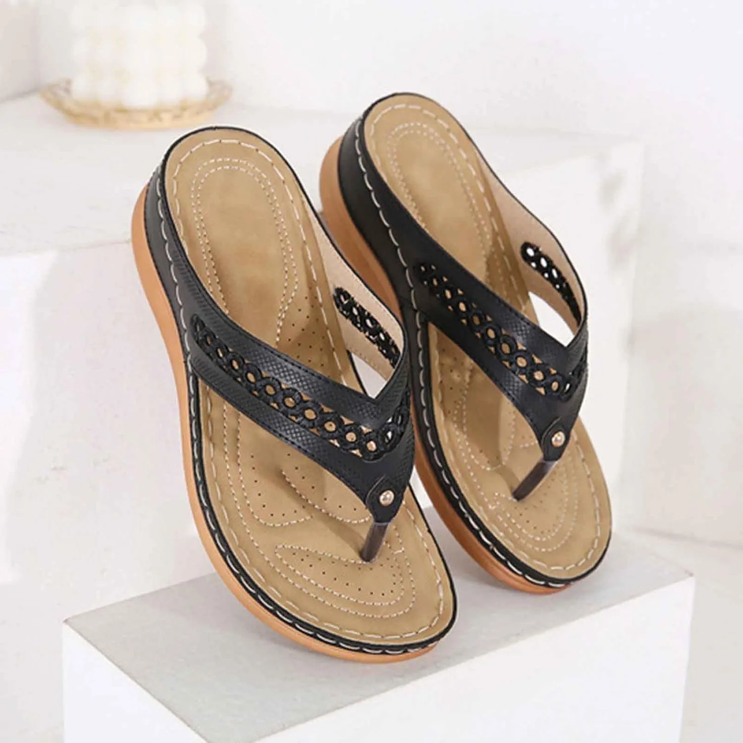 Women's Breathable Slip On Thong Sandals Comfortable Wedge Heel Flip Flops Lightweight For Daily Wear Spring