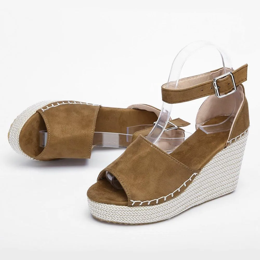 Womens Espadrille Wedge Sandals Peep Toe Ankle Buckle Platform Open Toe Ankle Strap Casual Summer Beach Roman Style Shoes