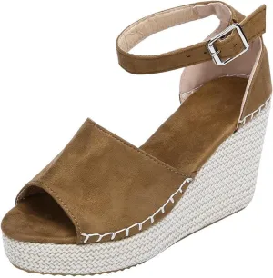 Womens Espadrille Wedge Sandals Peep Toe Ankle Buckle Platform Open Toe Ankle Strap Casual Summer Beach Roman Style Shoes