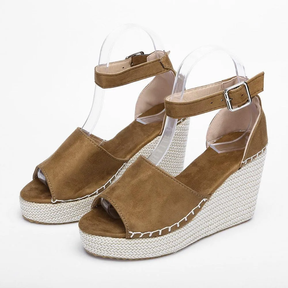 Womens Espadrille Wedge Sandals Peep Toe Ankle Buckle Platform Open Toe Ankle Strap Casual Summer Beach Roman Style Shoes