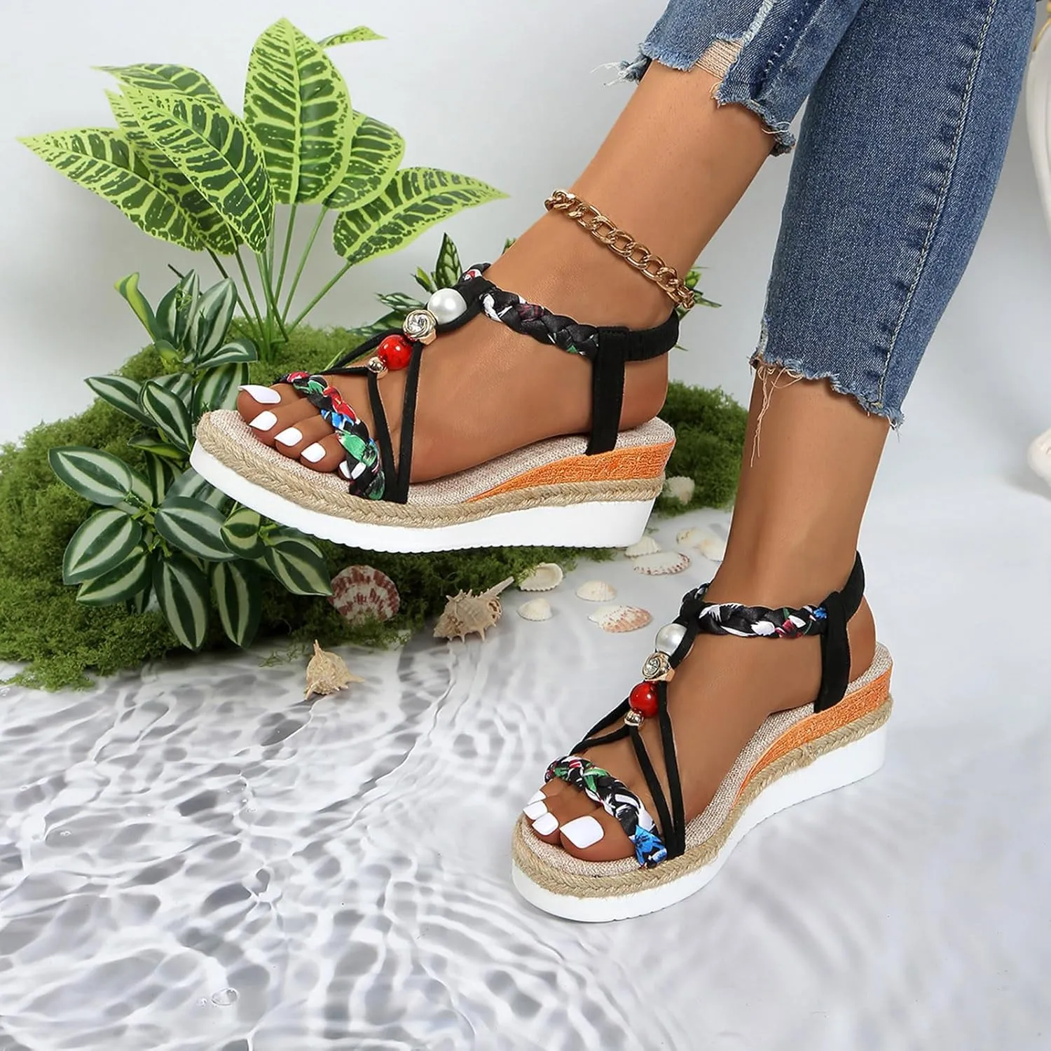 Womens Flat Sandals Dressy Summer Jeweled Bohemian Sandal Elastic Ankle Strap Espadrilles Comfort Walking Shoes