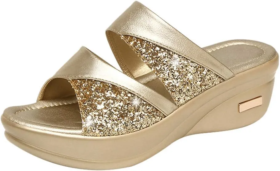 Womens Glitter Platform Wedge Slipper Summer Sparkle Slides Women Orthopedic Sandals with Arch Support Sandals