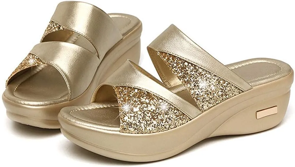 Womens Glitter Platform Wedge Slipper Summer Sparkle Slides Women Orthopedic Sandals with Arch Support Sandals