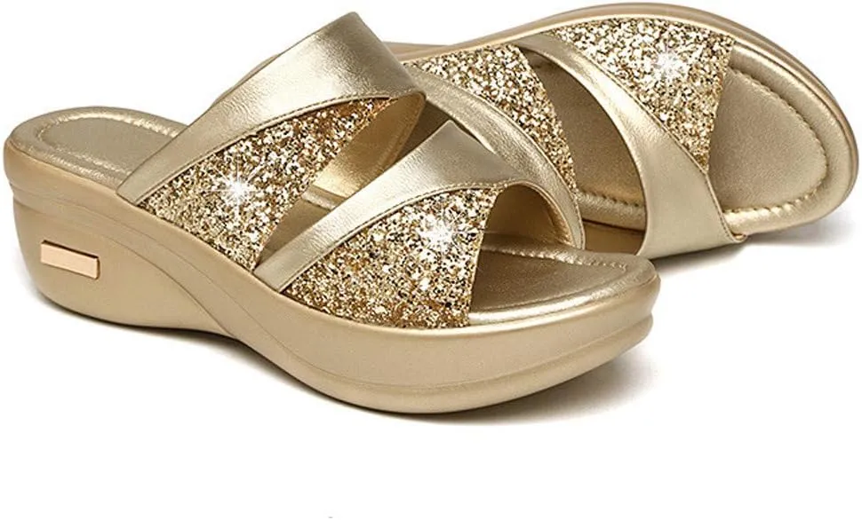Womens Glitter Platform Wedge Slipper Summer Sparkle Slides Women Orthopedic Sandals with Arch Support Sandals
