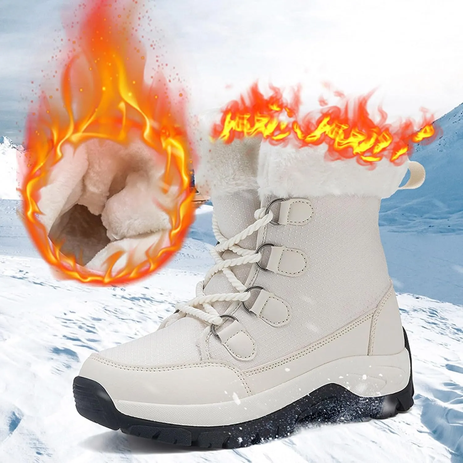 Women's Plush Thick Bottom Snow Boots Water Proof Insulated Winter Boots Fashion Lace Up Non Slip Boots Suede Leather