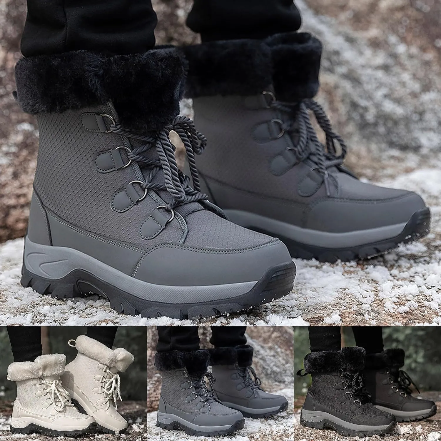 Women's Plush Thick Bottom Snow Boots Water Proof Insulated Winter Boots Fashion Lace Up Non Slip Boots Suede Leather