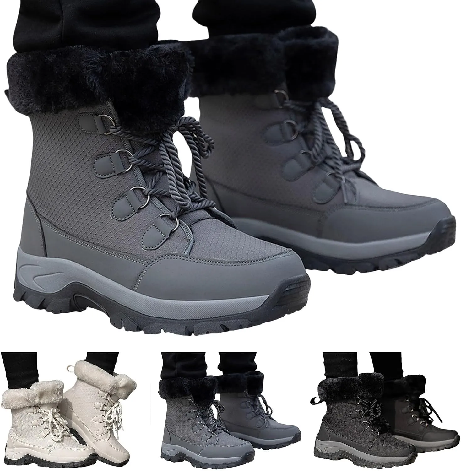 Women's Plush Thick Bottom Snow Boots Water Proof Insulated Winter Boots Fashion Lace Up Non Slip Boots Suede Leather