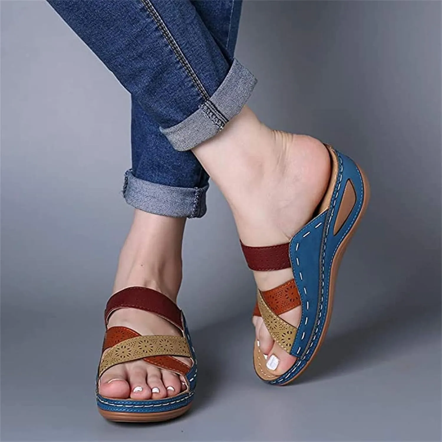 Womens Sandals Dressy Summer Comfort Orthotic Walking Slides Open Toe Arch Support Orthopedic Flip Flops 2025 Wedge Ankle Strap Platform Comfortable Casual Summer Sandal Shoes Low Wedges