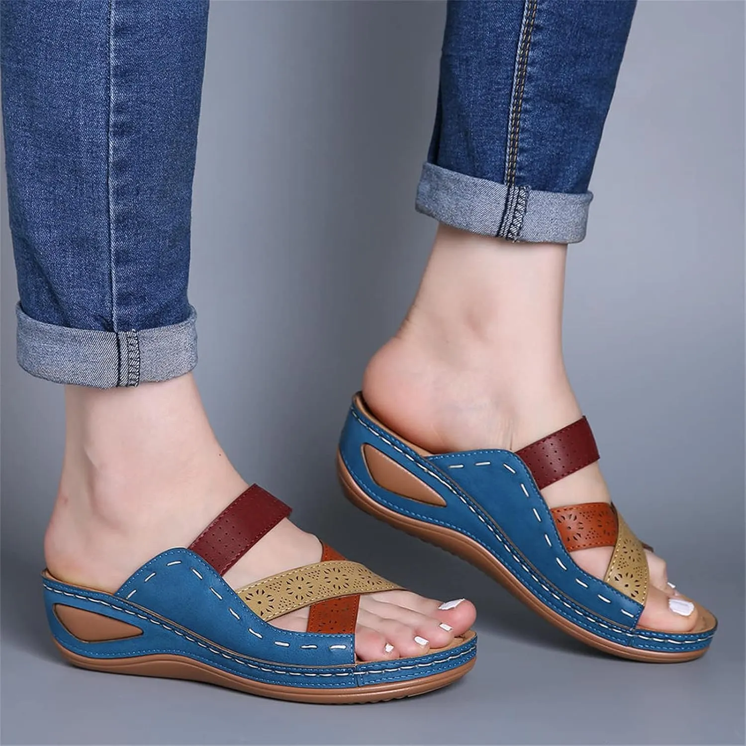 Womens Sandals Dressy Summer Comfort Orthotic Walking Slides Open Toe Arch Support Orthopedic Flip Flops 2025 Wedge Ankle Strap Platform Comfortable Casual Summer Sandal Shoes Low Wedges