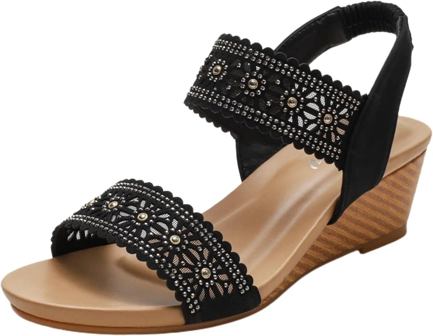 Women's Sandals Summer Casual Wedge Rhinestone Beaded Platform Breathable Cutout Open Toe Elastic Band Dress Mid Heeled Slingback T Strap Comfortable Beach Sandals