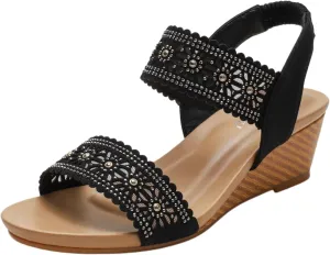Women's Sandals Summer Casual Wedge Rhinestone Beaded Platform Breathable Cutout Open Toe Elastic Band Dress Mid Heeled Slingback T Strap Comfortable Beach Sandals