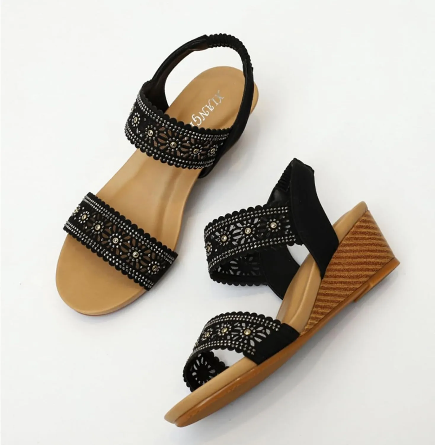 Women's Sandals Summer Casual Wedge Rhinestone Beaded Platform Breathable Cutout Open Toe Elastic Band Dress Mid Heeled Slingback T Strap Comfortable Beach Sandals