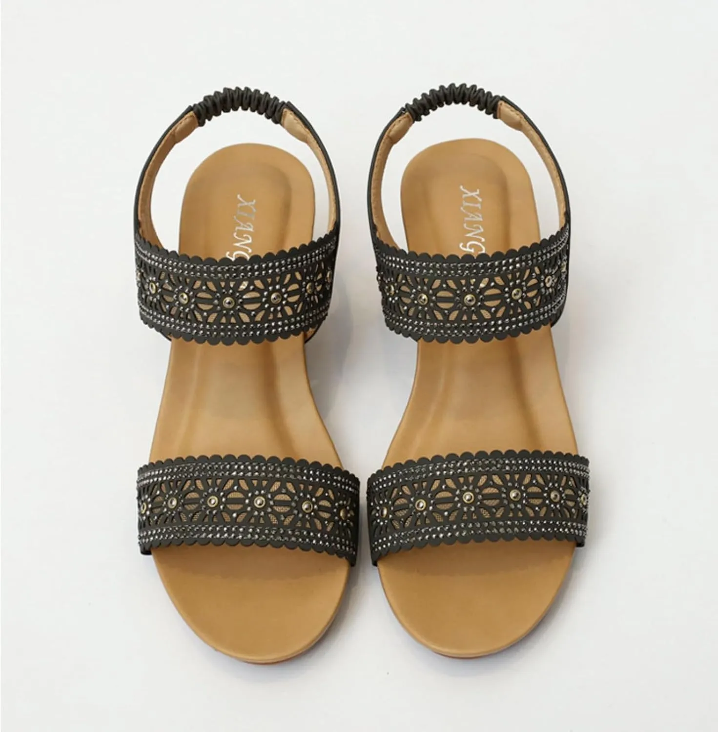 Women's Sandals Summer Casual Wedge Rhinestone Beaded Platform Breathable Cutout Open Toe Elastic Band Dress Mid Heeled Slingback T Strap Comfortable Beach Sandals