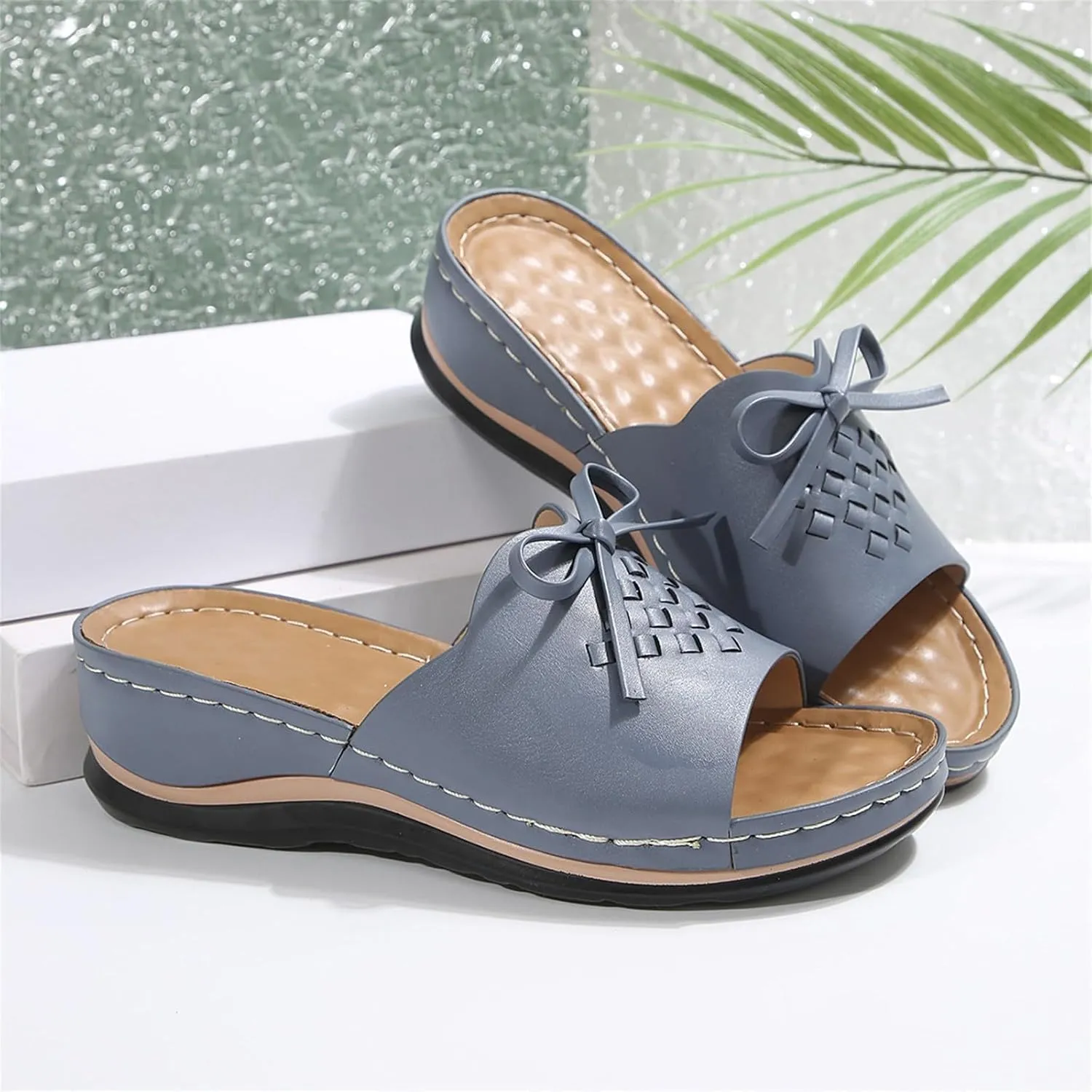Women's Slip-On Wedge Sandals Comfortable Walking Sandal Open Toe Wedge Slides Shoes Casual Arch Support Shoes Dressy Summer Anti-Slip Sole Boho Sandals Lightweight Shoe