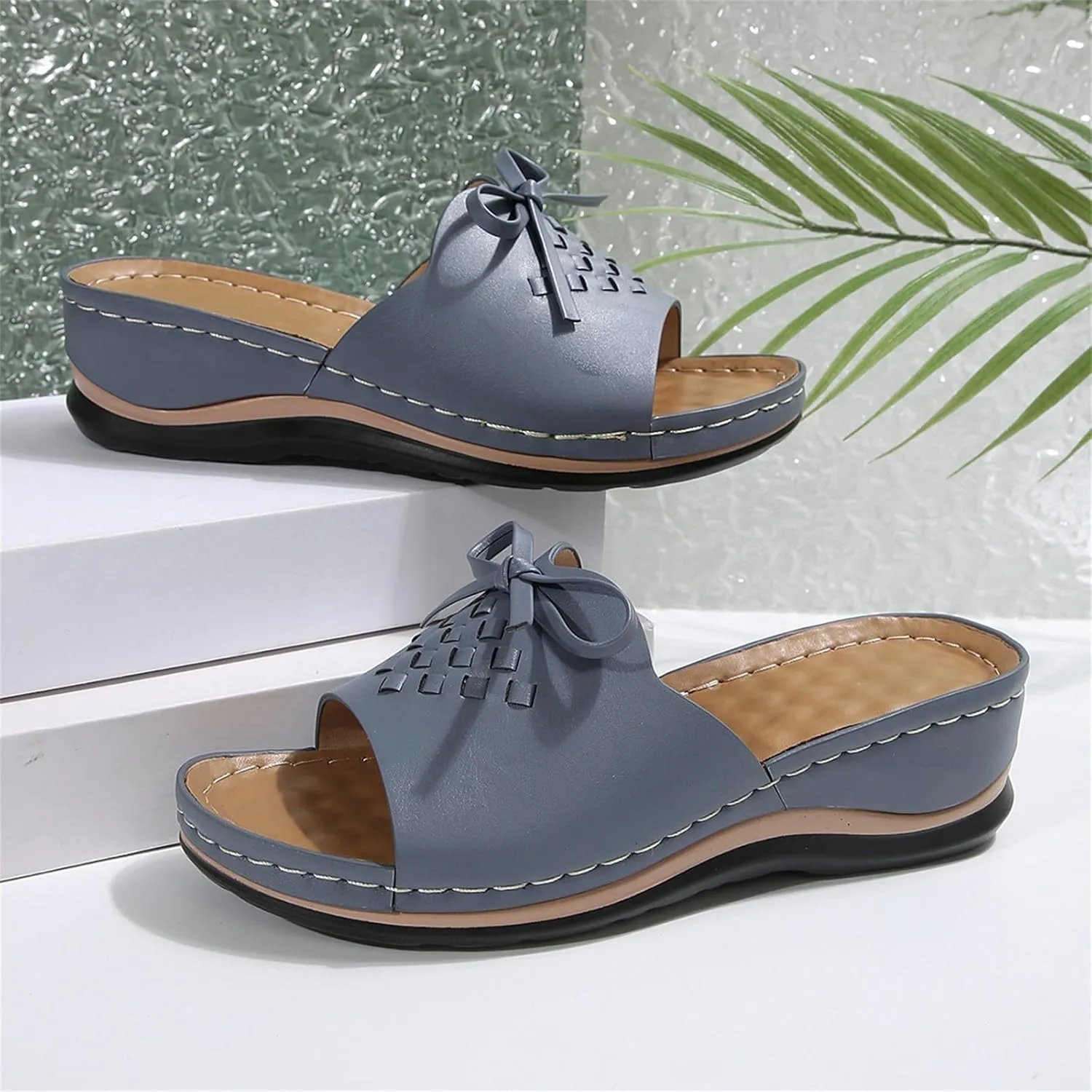 Women's Slip-On Wedge Sandals Comfortable Walking Sandal Open Toe Wedge Slides Shoes Casual Arch Support Shoes Dressy Summer Anti-Slip Sole Boho Sandals Lightweight Shoe