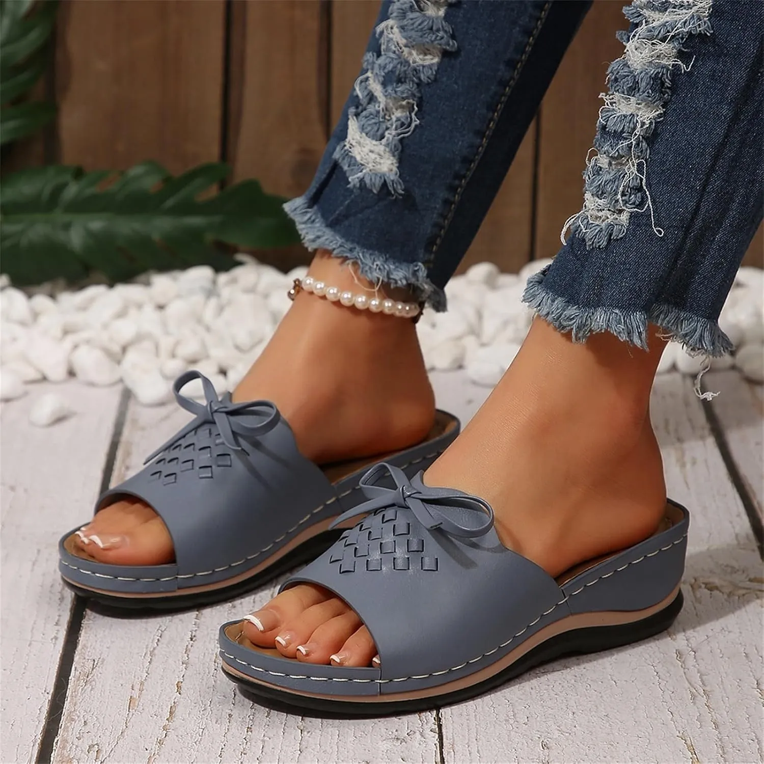 Women's Slip-On Wedge Sandals Comfortable Walking Sandal Open Toe Wedge Slides Shoes Casual Arch Support Shoes Dressy Summer Anti-Slip Sole Boho Sandals Lightweight Shoe