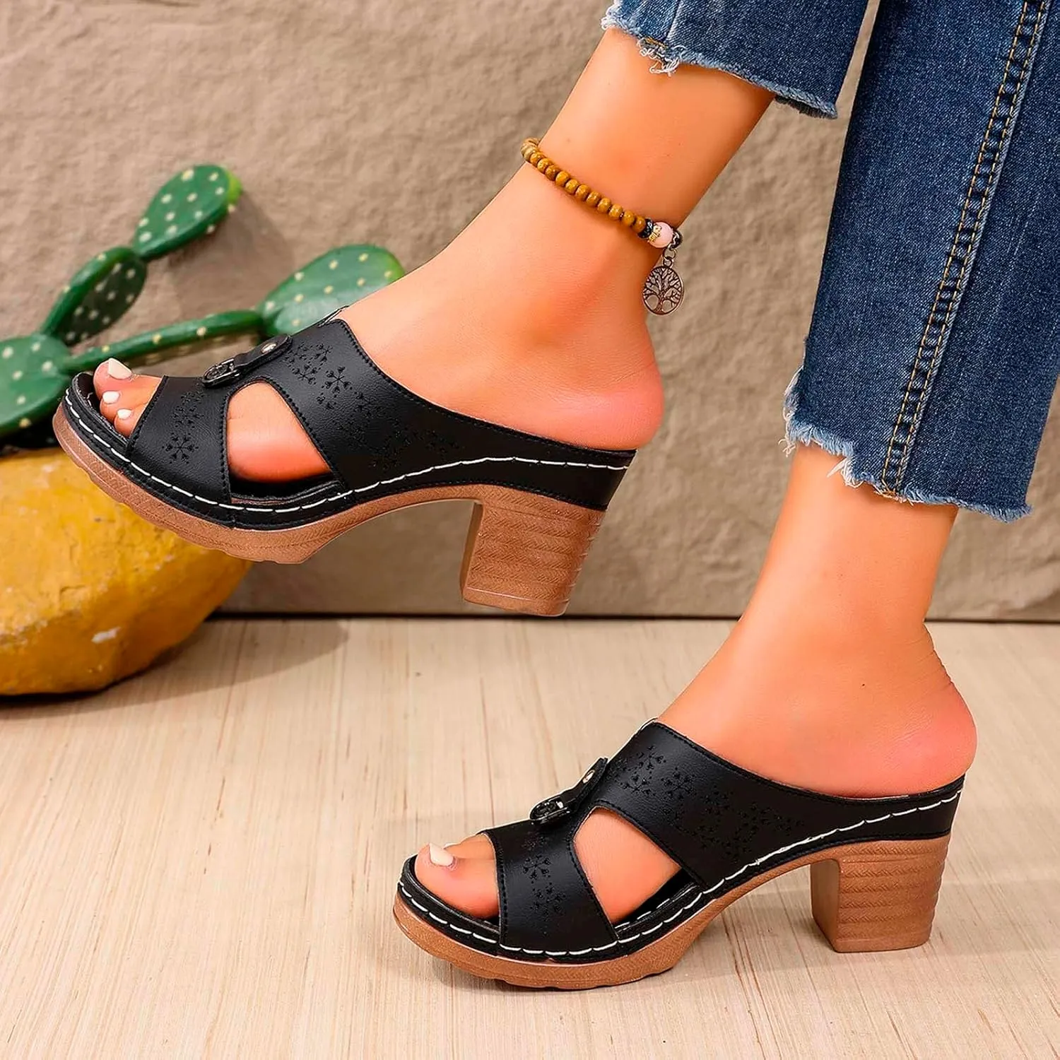 Women's Summer Fashion Sandals Mid Heel Open Toe Comfortable Casual Beach Walking Shoes Ladies Stylish Slip On