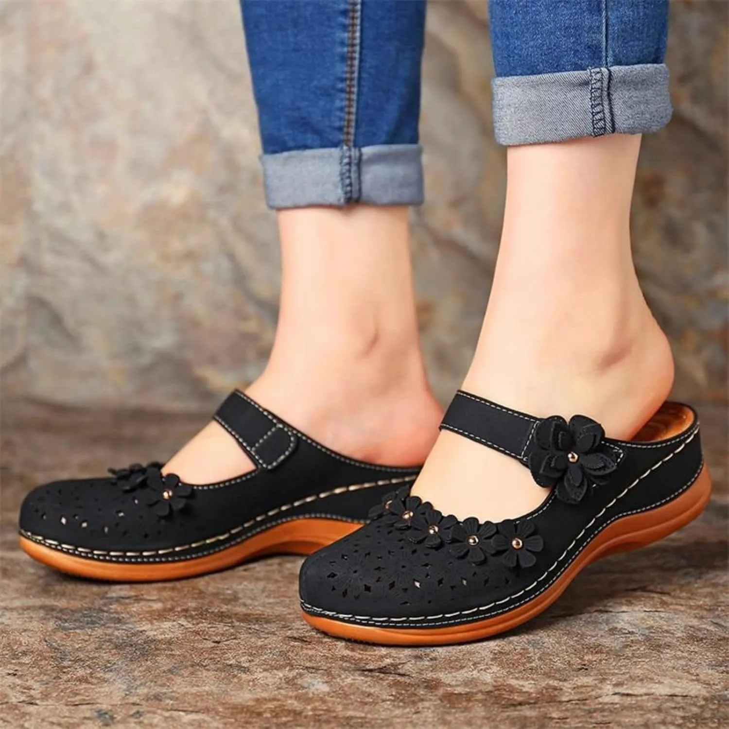 Womens Summer Platform Wedge Sandals Comfortable Closed Toe Round Head Flower Hollow Out Slip On for Beach or Casual Use PU Leather with Adjustable Hook Loop