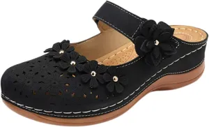 Womens Summer Platform Wedge Sandals Comfortable Closed Toe Round Head Flower Hollow Out Slip On for Beach or Casual Use PU Leather with Adjustable Hook Loop