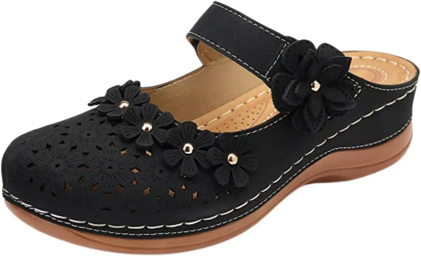 Womens Summer Platform Wedge Sandals Comfortable Closed Toe Round Head Flower Hollow Out Slip On for Beach or Casual Use PU Leather with Adjustable Hook Loop
