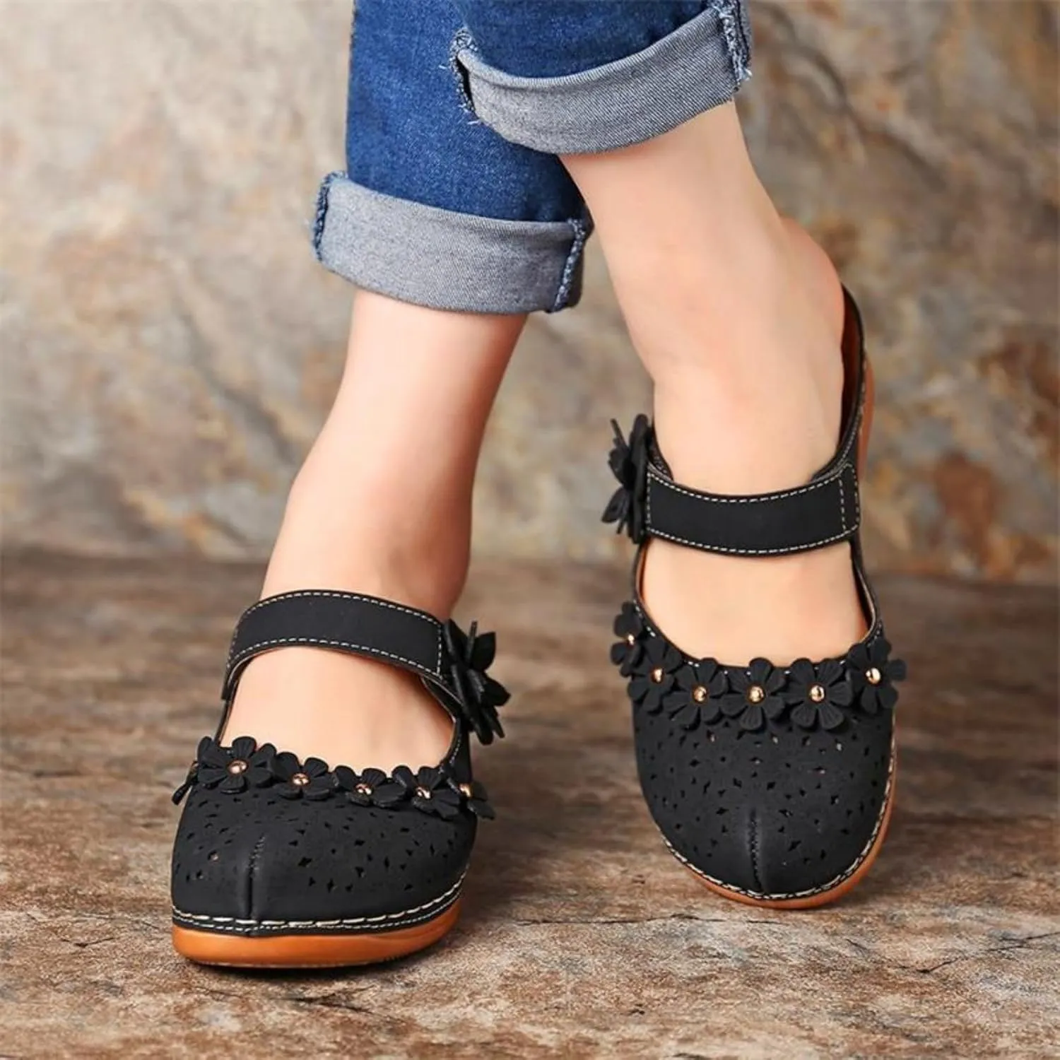 Womens Summer Platform Wedge Sandals Comfortable Closed Toe Round Head Flower Hollow Out Slip On for Beach or Casual Use PU Leather with Adjustable Hook Loop