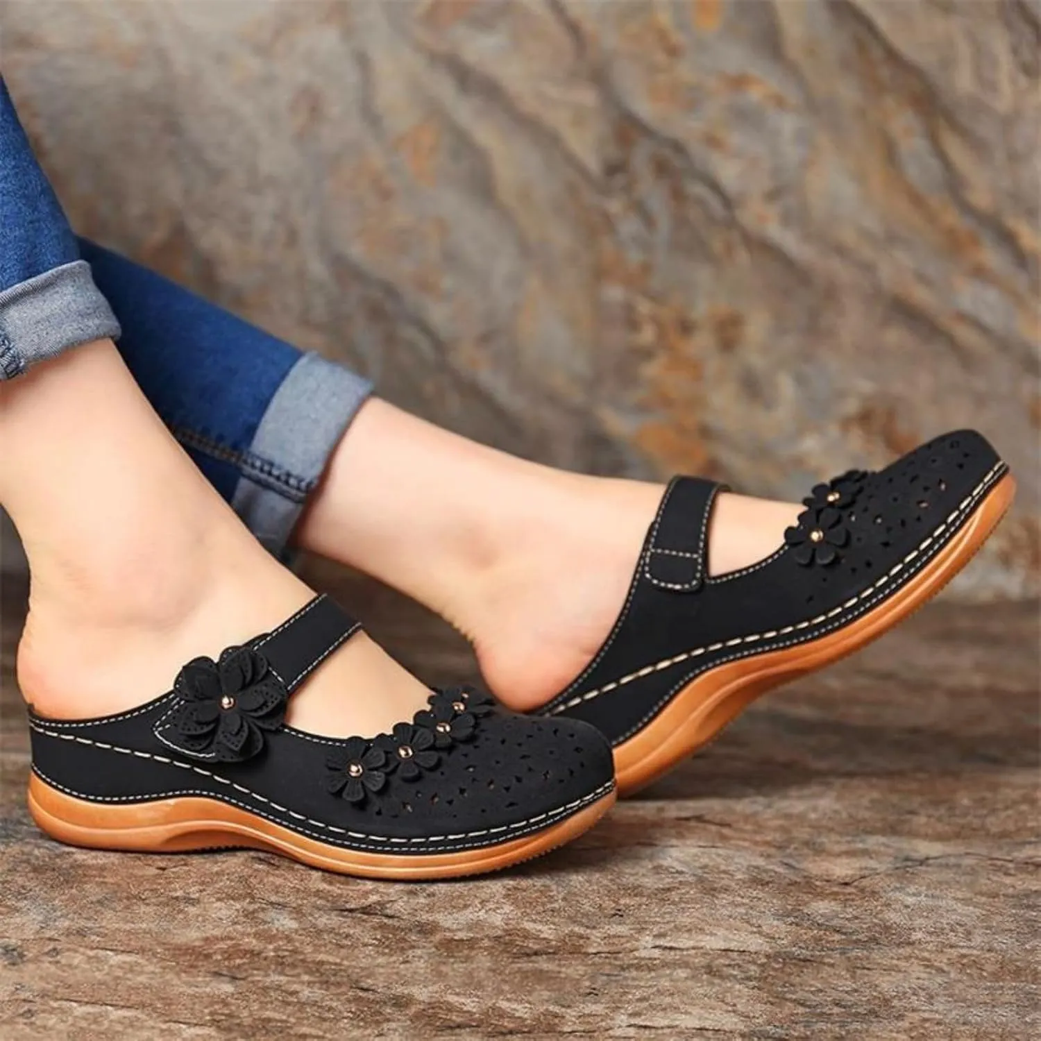 Womens Summer Platform Wedge Sandals Comfortable Closed Toe Round Head Flower Hollow Out Slip On for Beach or Casual Use PU Leather with Adjustable Hook Loop