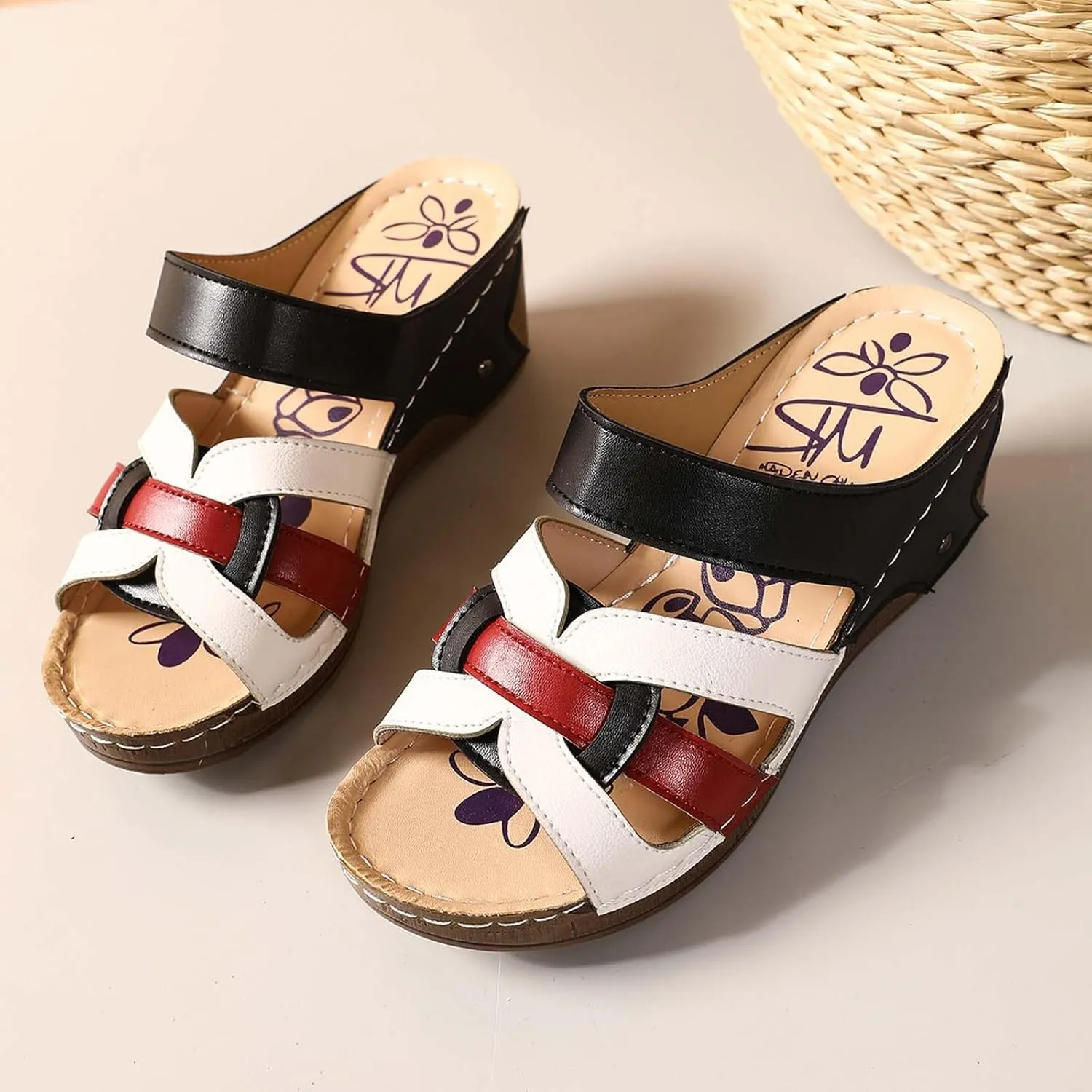 Women's Summer Wedge Sandals Open Toe Slip On Platform Casual Beach Walking Shoes Comfortable Breathable Arch Support Fashion Slippers for Travel Yoga Outing