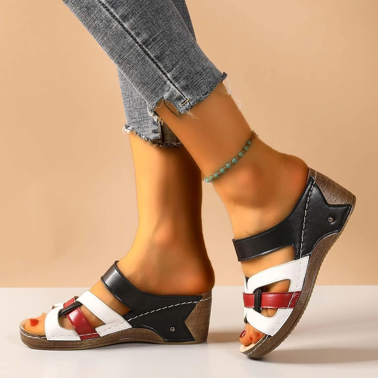 Women's Summer Wedge Sandals Open Toe Slip On Platform Casual Beach Walking Shoes Comfortable Breathable Arch Support Fashion Slippers for Travel Yoga Outing