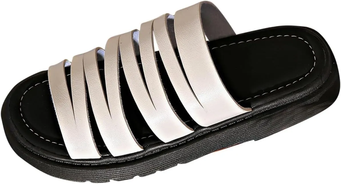 Women's Vintage Strappy Flat Sandals Summer Dressy Slides Comfort Open Toe Sandal Y2K Teen Girls Slip-On Beach Shoes