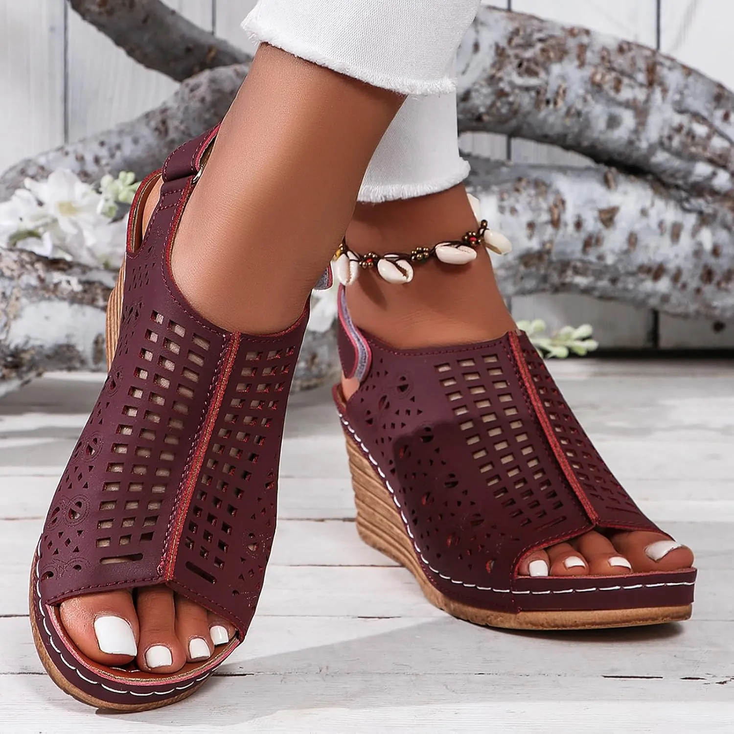 Womens Wedge Sandals Hollow Out Open Toe Platform Wedge Sandals Summer Casual Adjustable Buckle Strap Sandal Beach Slip On Shoes